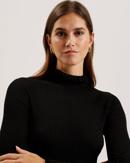 Women's Janittt-Rib Funnel Neck Frill Jumper Black