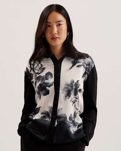 Women's Gweenn-Printed Woven Front Longline Cardigan Black