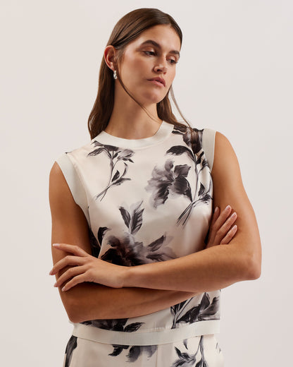 Women's Perloma-Printed Woven Front Knitted Tank Ivory