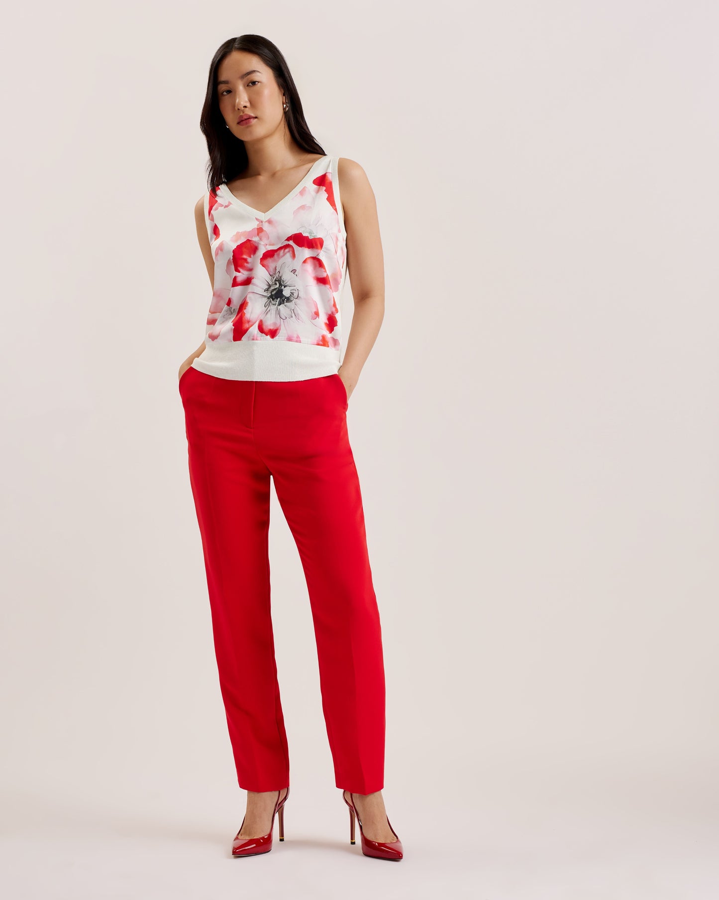 Women's Heidiii-Woven Front V Neck Printed Tank Ivory