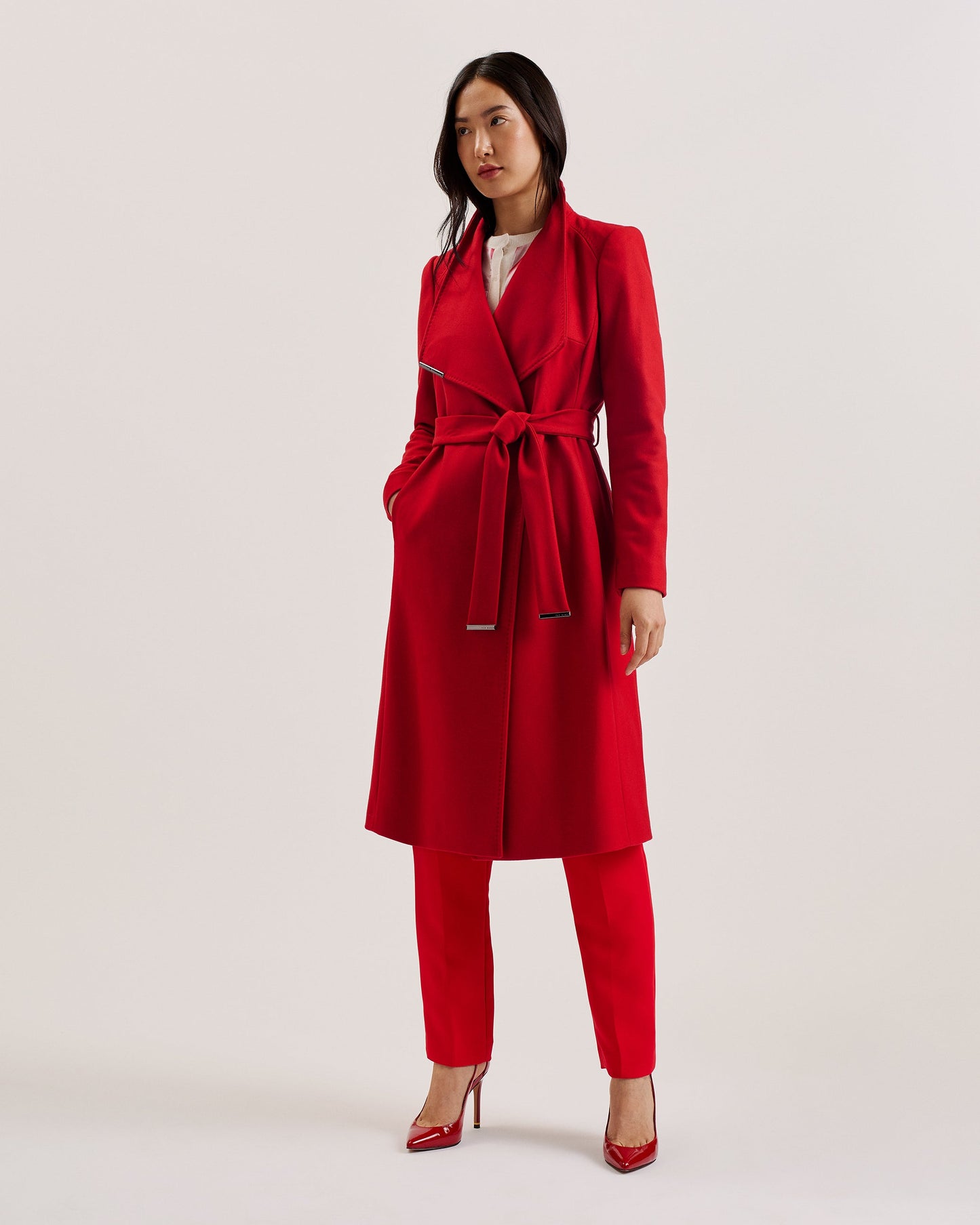 Women's Rose-Midi Length Belted Wool Wrap Coat Brt-Red