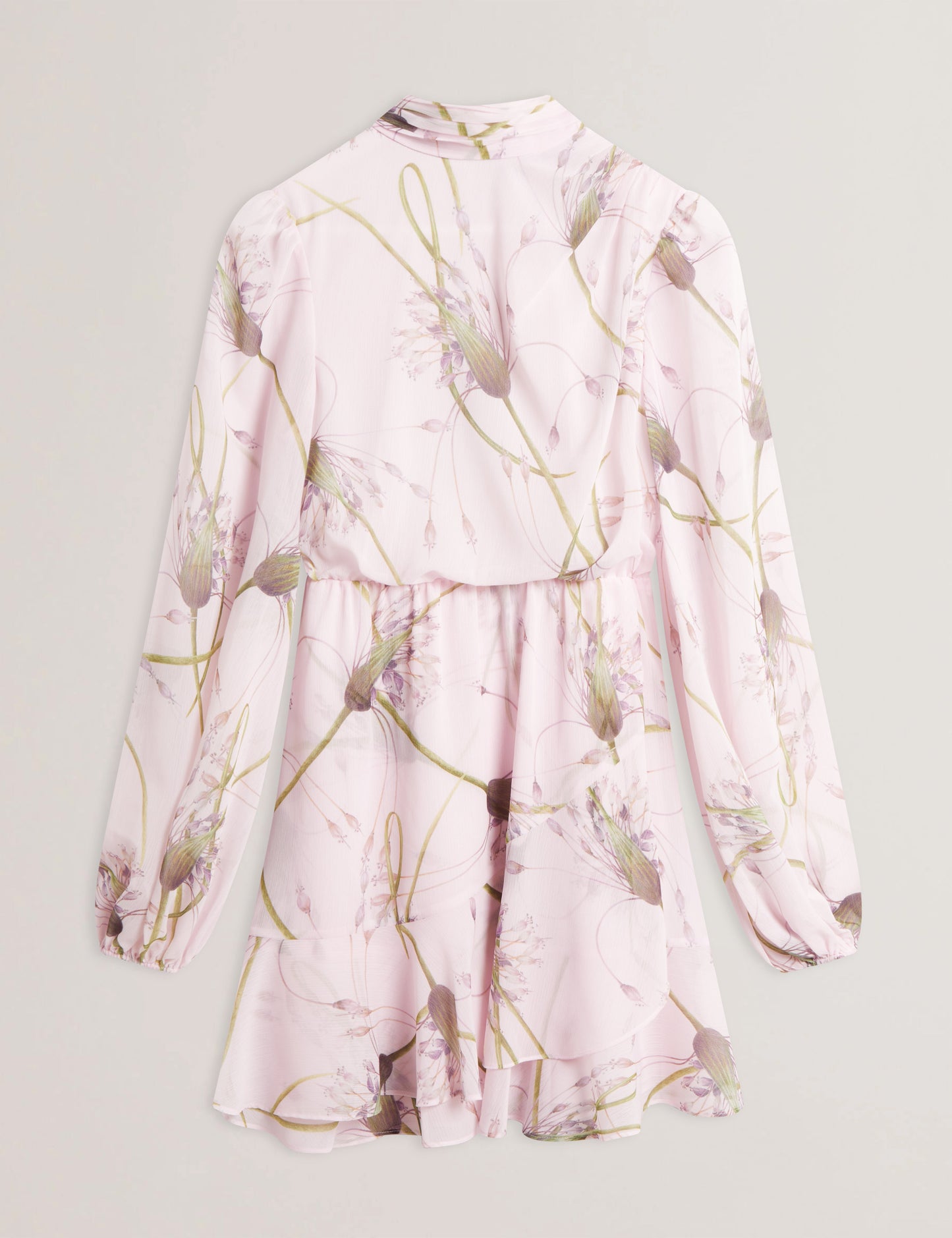 Women's ARAKAS-Printed Long Sleeve Neck Tie Mini Dress Lt-Pink