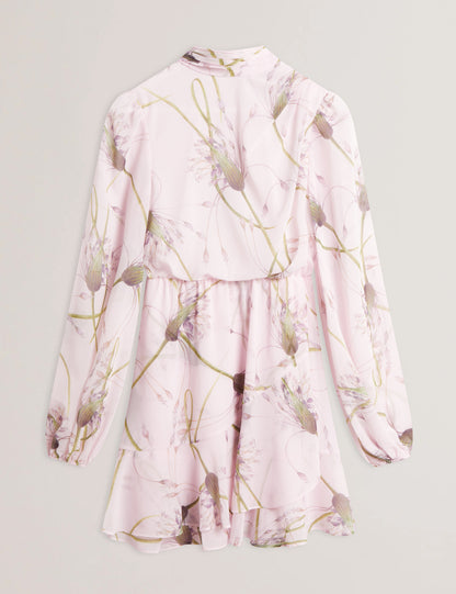 Women's ARAKAS-Printed Long Sleeve Neck Tie Mini Dress Lt-Pink
