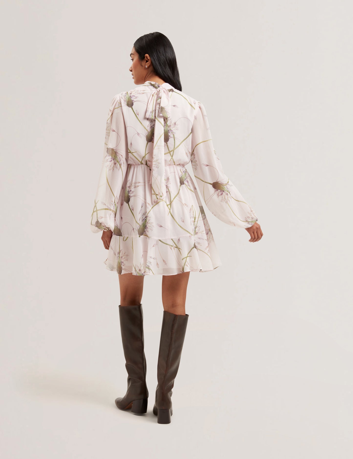 Women's ARAKAS-Printed Long Sleeve Neck Tie Mini Dress Lt-Pink