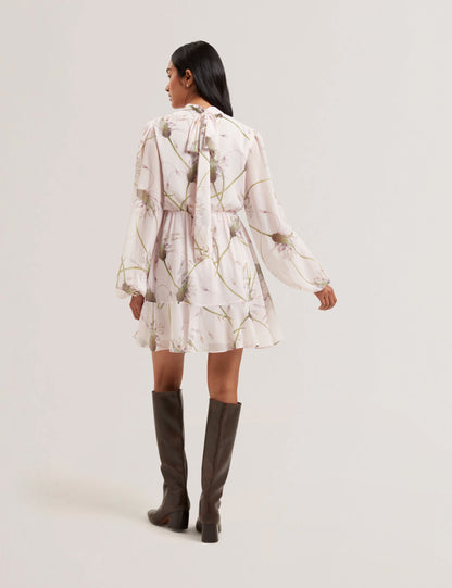 Women's ARAKAS-Printed Long Sleeve Neck Tie Mini Dress Lt-Pink