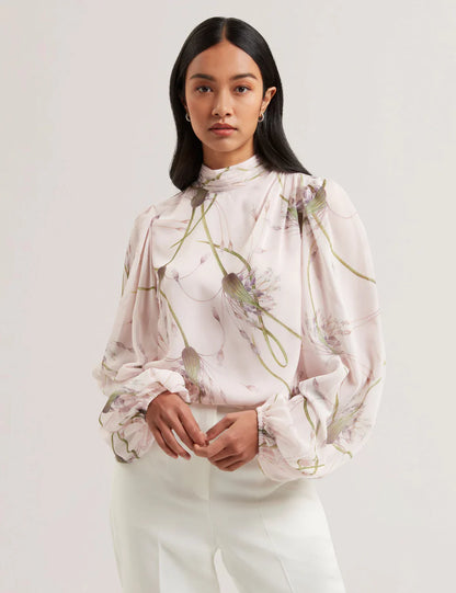 Women's ALATI-Printed Tie Neck Long Sleeve Blouse