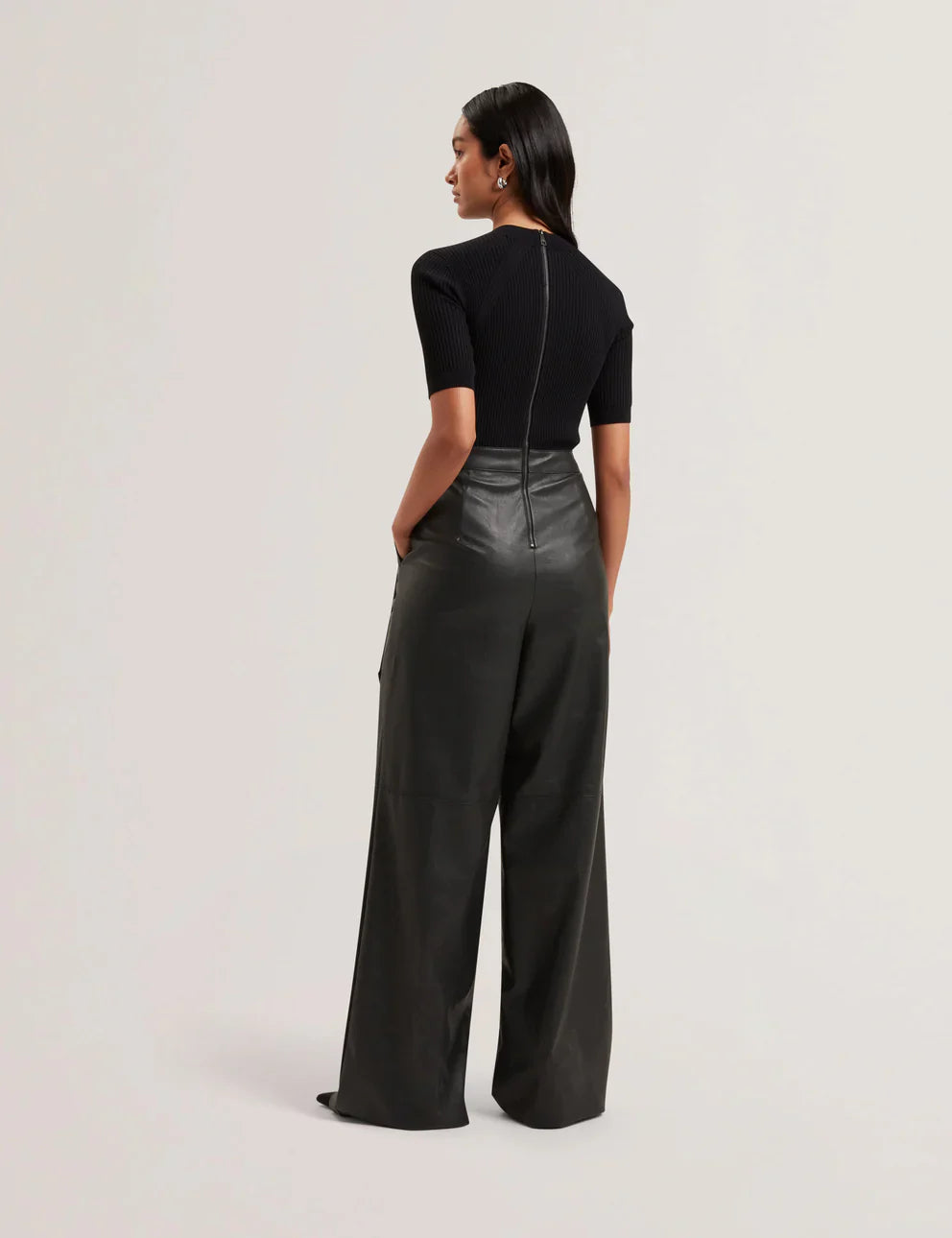 Women's Telea-Faux Leather Leg Knit Bodice Jumpsuit