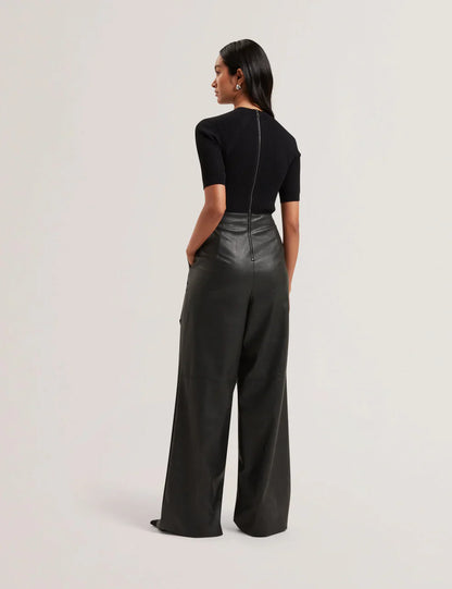Women's Telea-Faux Leather Leg Knit Bodice Jumpsuit