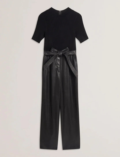 Women's Telea-Faux Leather Leg Knit Bodice Jumpsuit
