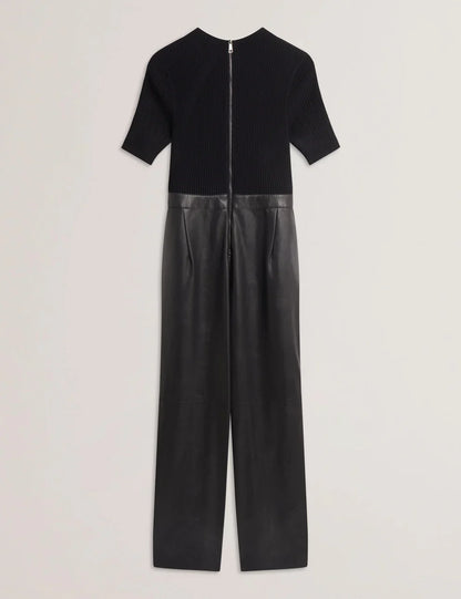 Women's Telea-Faux Leather Leg Knit Bodice Jumpsuit