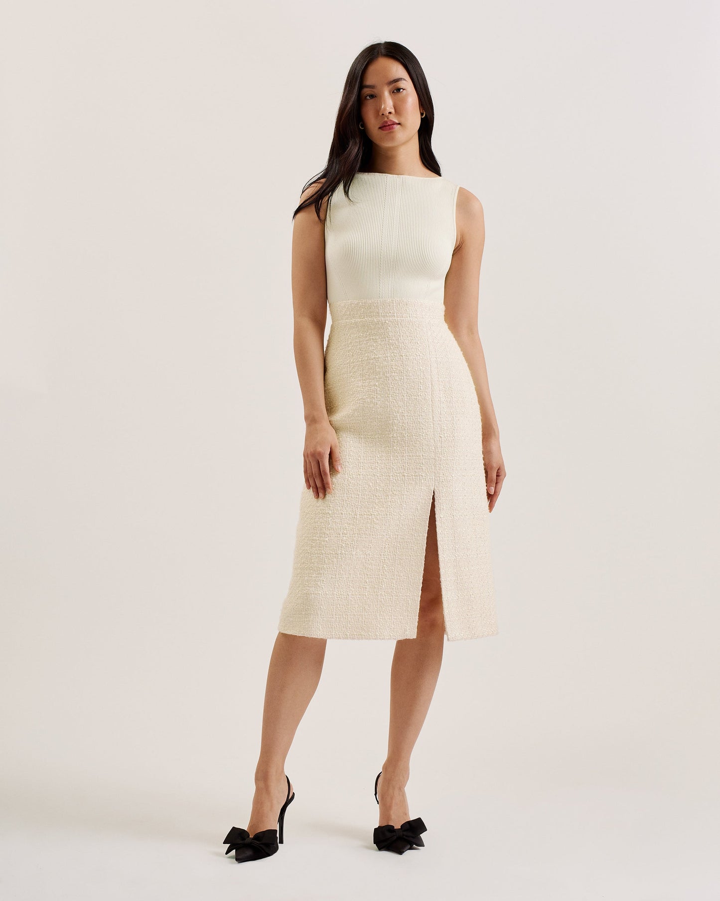 Women's Morim-Knit Bodice Boucle Mid Skirt Side Slit Ivory