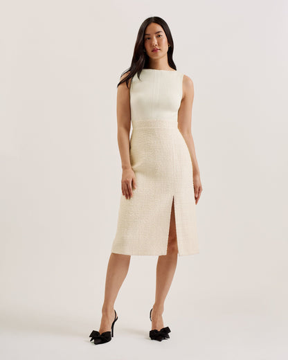 Women's Morim-Knit Bodice Boucle Mid Skirt Side Slit Ivory