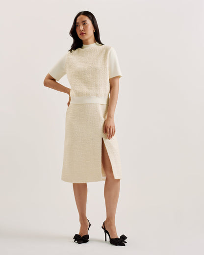 Women's Morim-Knit Bodice Boucle Mid Skirt Side Slit Ivory