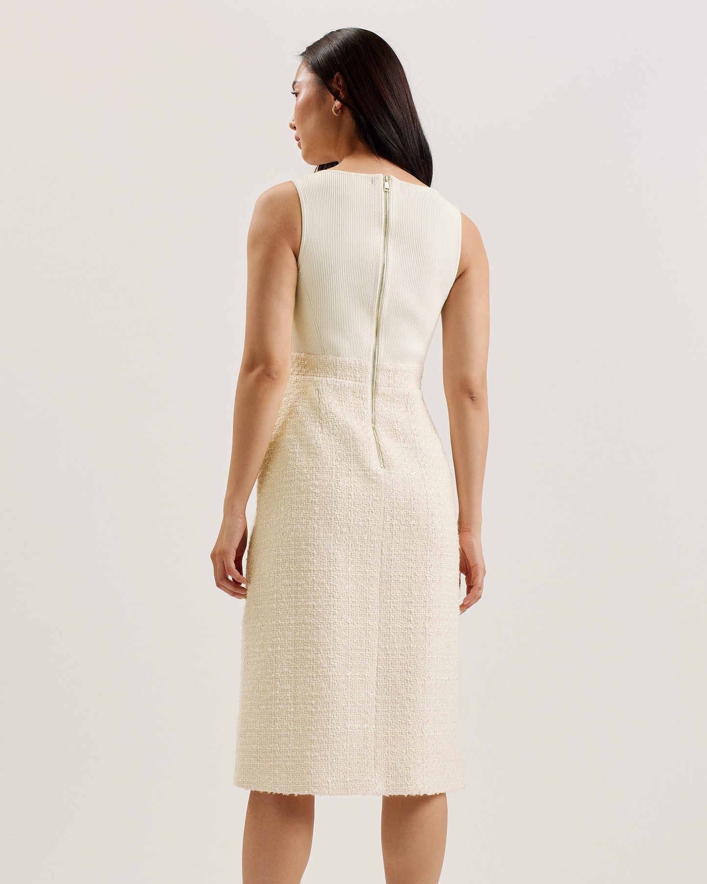 Women's Morim-Knit Bodice Boucle Mid Skirt Side Slit Ivory