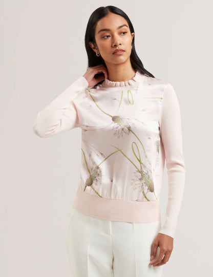 Women's VIVVYAN-Printed Woven Front High Neck Petal Pink