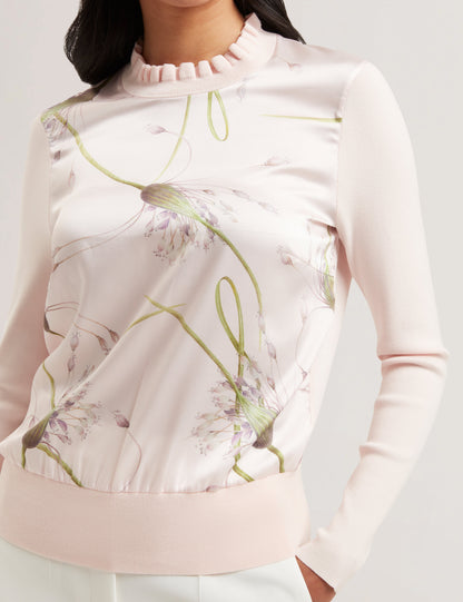 Women's VIVVYAN-Printed Woven Front High Neck Petal Pink