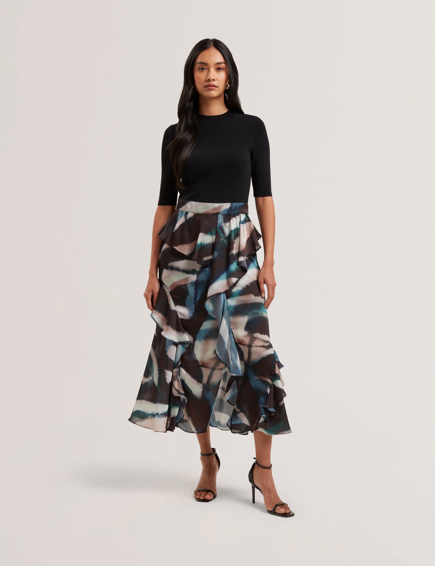 Women's AURELIO-Knit Bodice Printed Ruffle Dress
