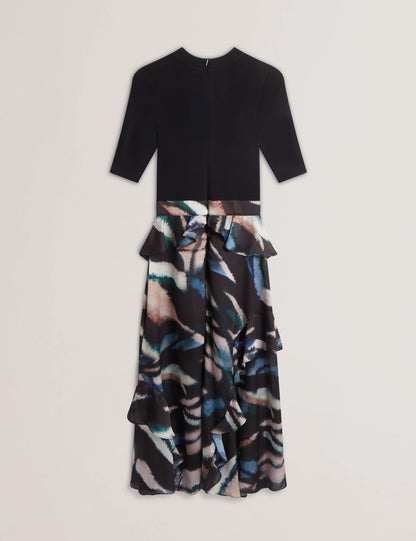 Women's AURELIO-Knit Bodice Printed Ruffle Dress