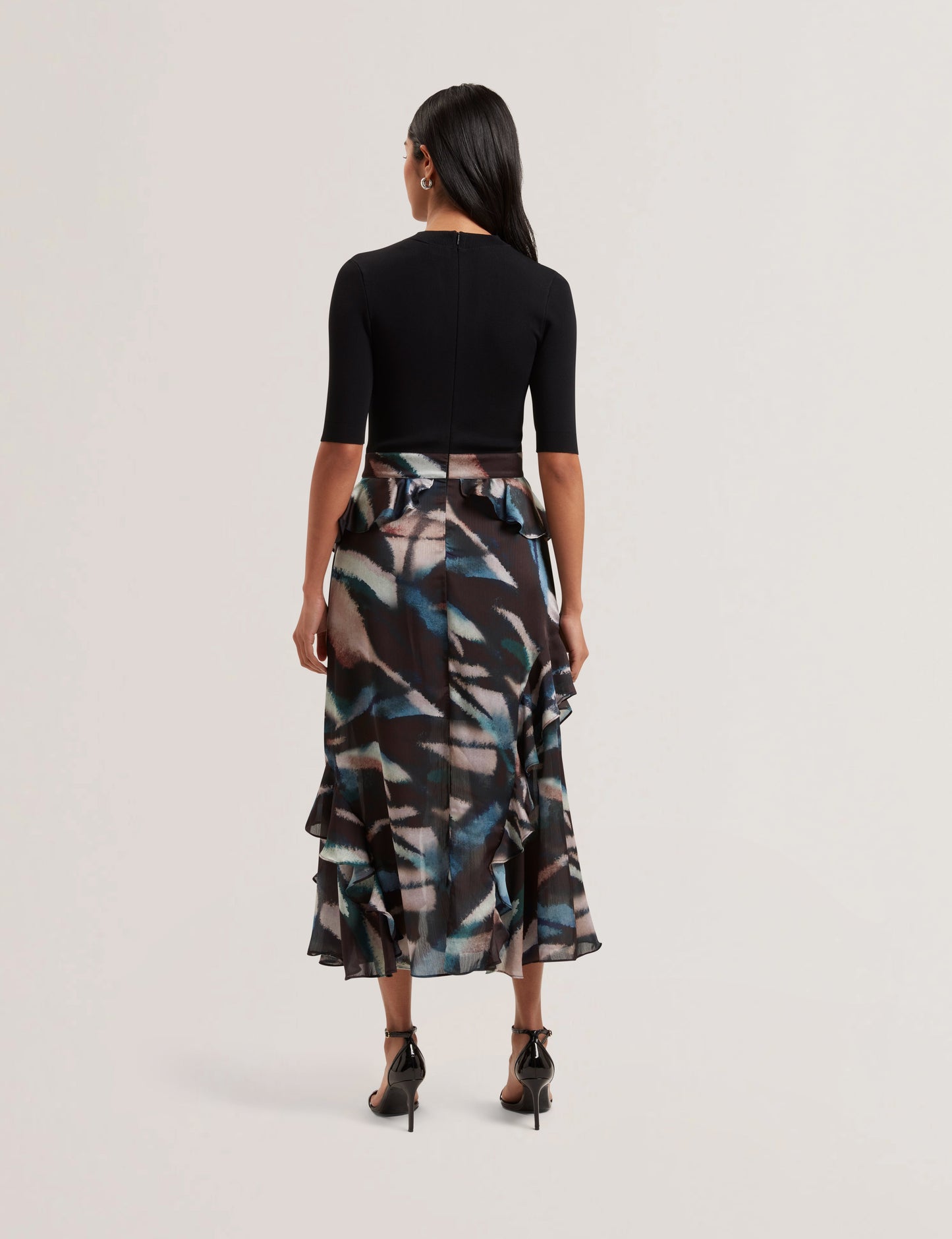 Women's AURELIO-Knit Bodice Printed Ruffle Dress
