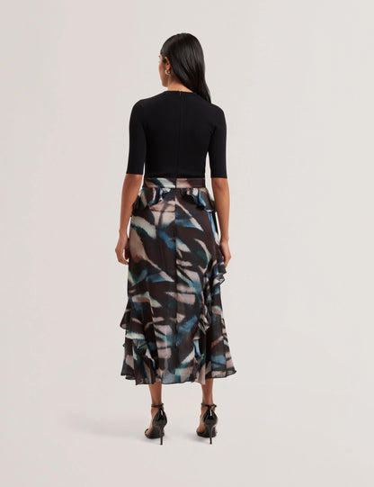 Women's AURELIO-Knit Bodice Printed Ruffle Dress