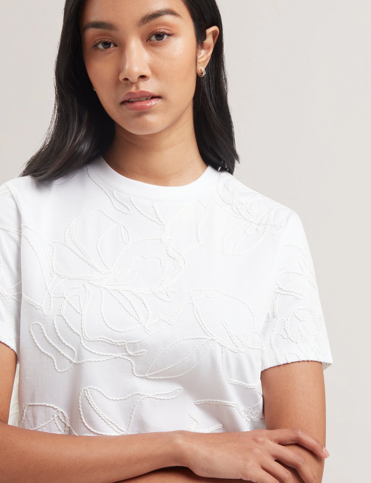 Women's AGALY-Short Sleeve All over Embroidered Boxy Tee Ivory