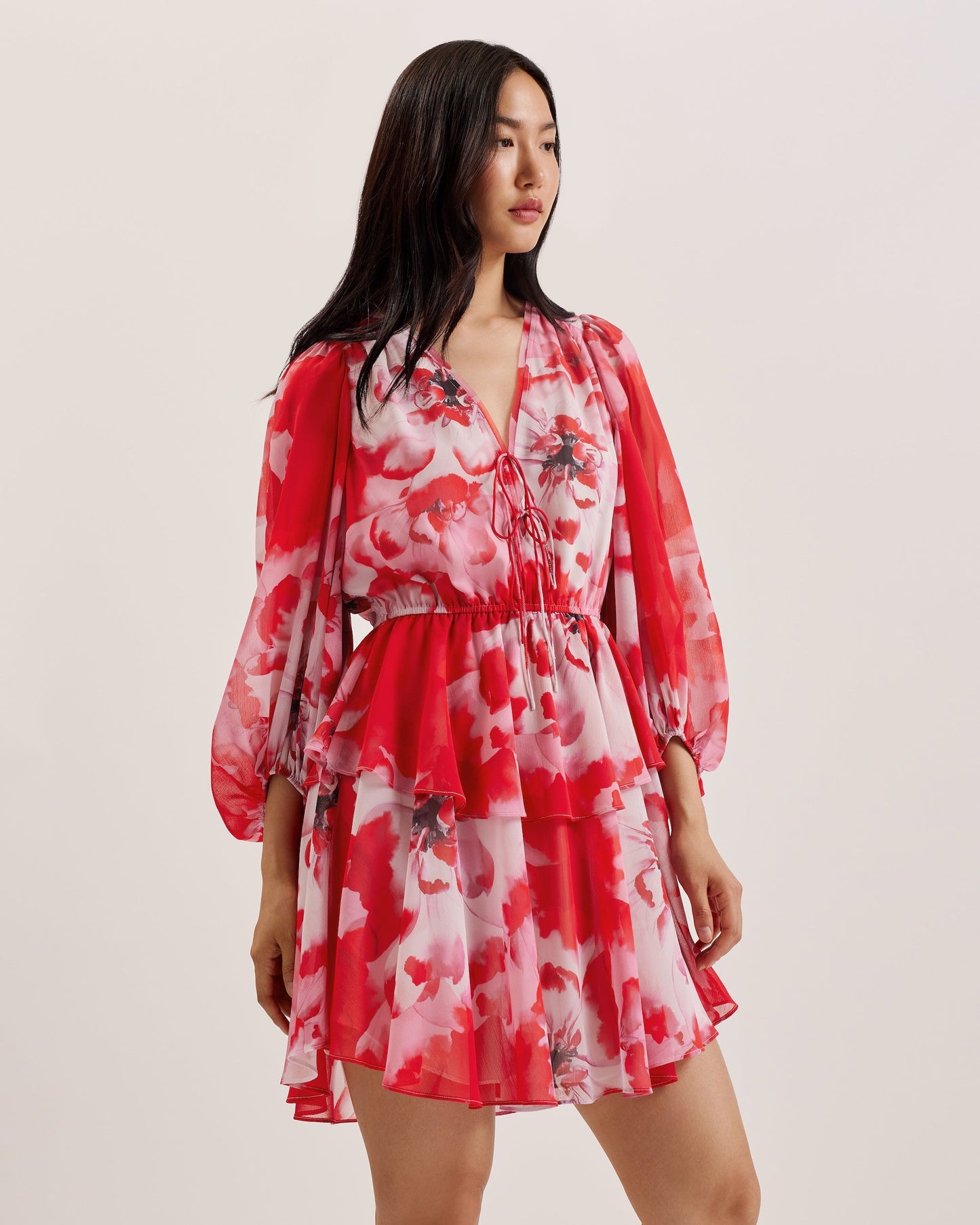 Women's Leyna-Printed Tie Front LS Mini Dress Red