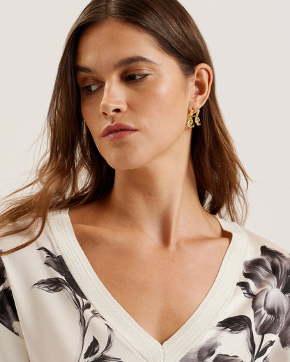 Women's Joiee-V Neck Printed Woven Front Jumper Ivory