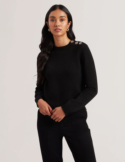Women's Janha-Rose Button Crew Neck LS Sweater Black
