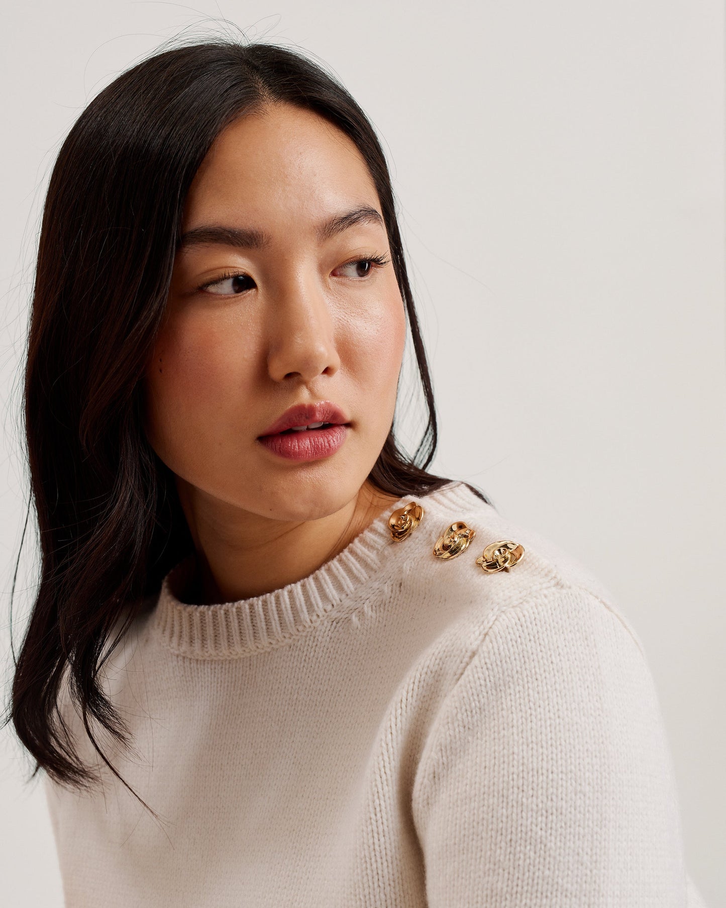 Women's Janha-Rose Button Crew Neck LS Sweater Ivory