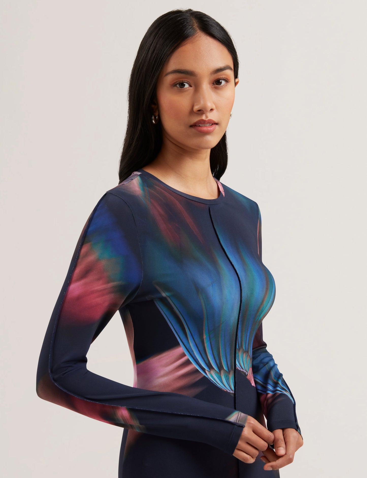 Women's GEORII-Printed Slinky Jersey Long Sleeve Midi Dress Navy