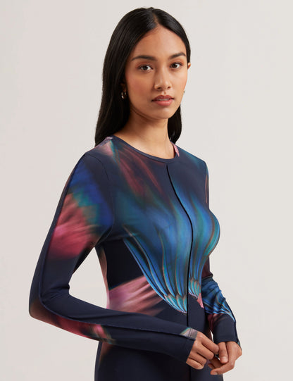 Women's GEORII-Printed Slinky Jersey Long Sleeve Midi Dress Navy