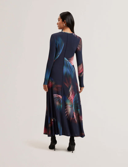 Women's GEORII-Printed Slinky Jersey Long Sleeve Midi Dress Navy