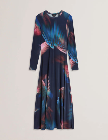 Women's GEORII-Printed Slinky Jersey Long Sleeve Midi Dress Navy