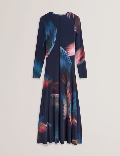 Women's GEORII-Printed Slinky Jersey Long Sleeve Midi Dress Navy