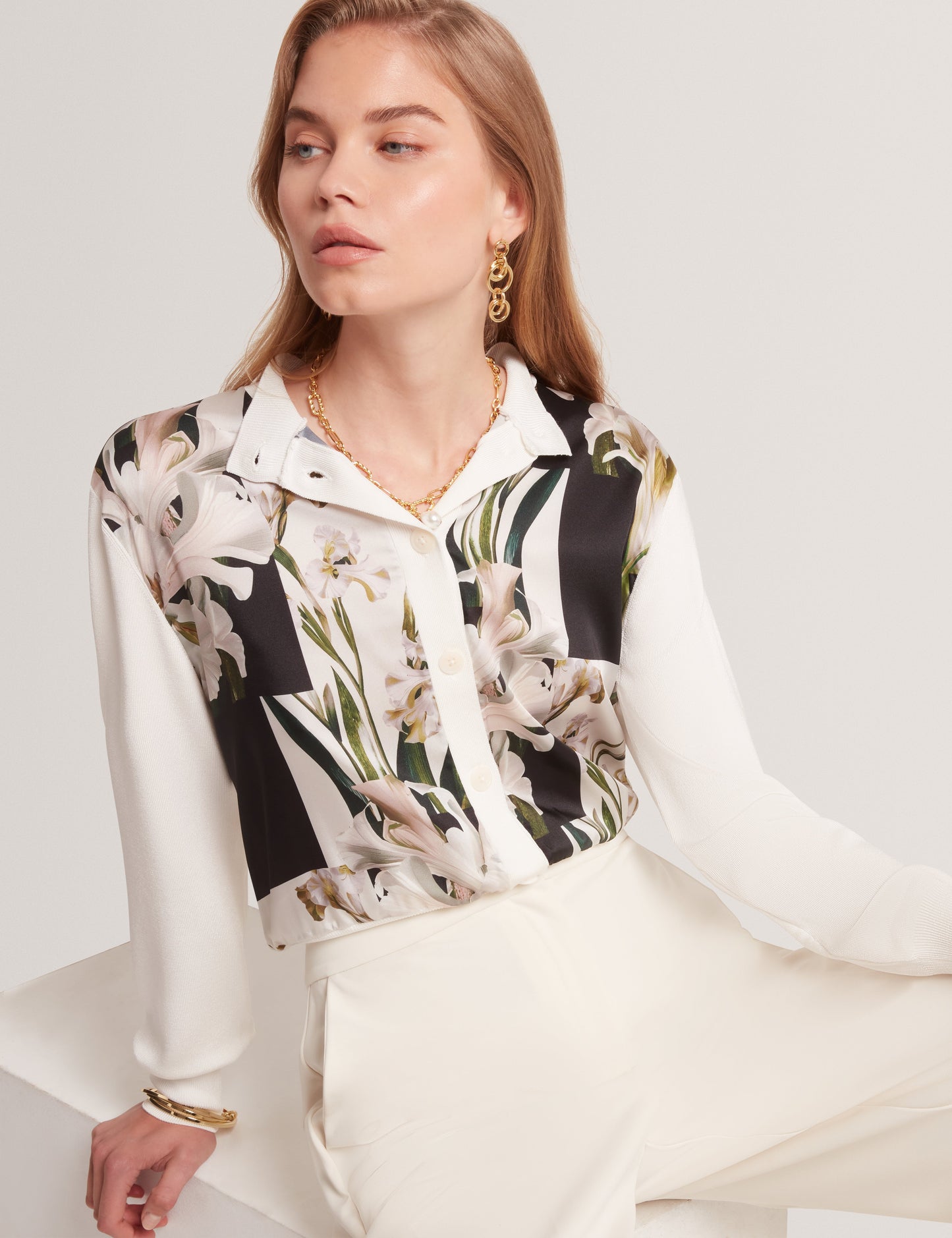 Women's BELVIAA-Printed Woven Front Cardigan