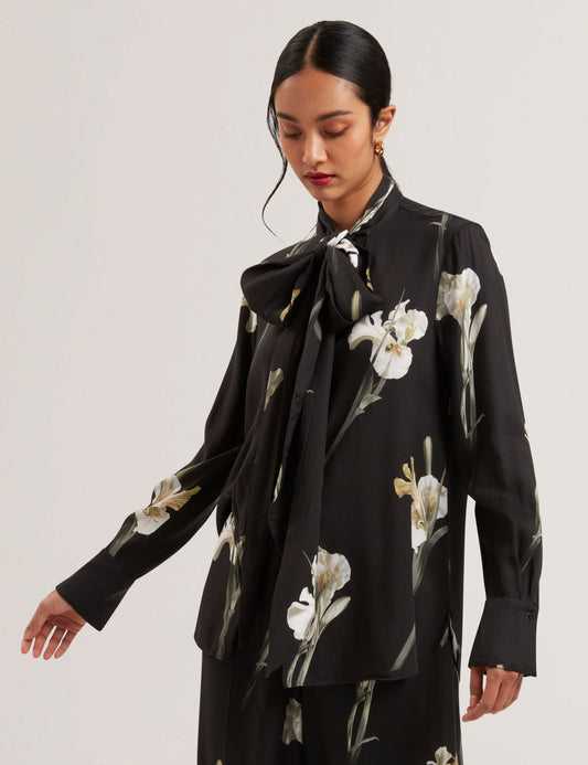 Women's ZAKIIER-Printed Scarf Detail Long Sleeve Blouse