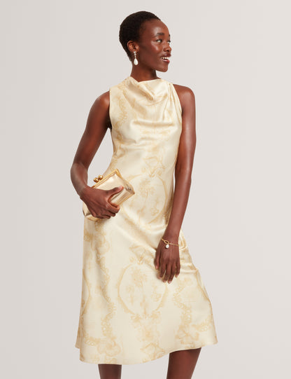 MELODA: Print Drape Neck Midi Dress