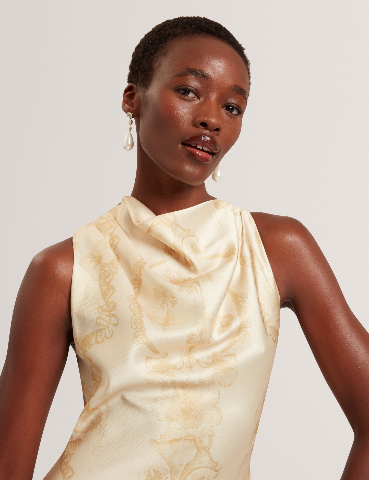 MELODA: Print Drape Neck Midi Dress