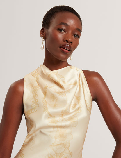MELODA: Print Drape Neck Midi Dress