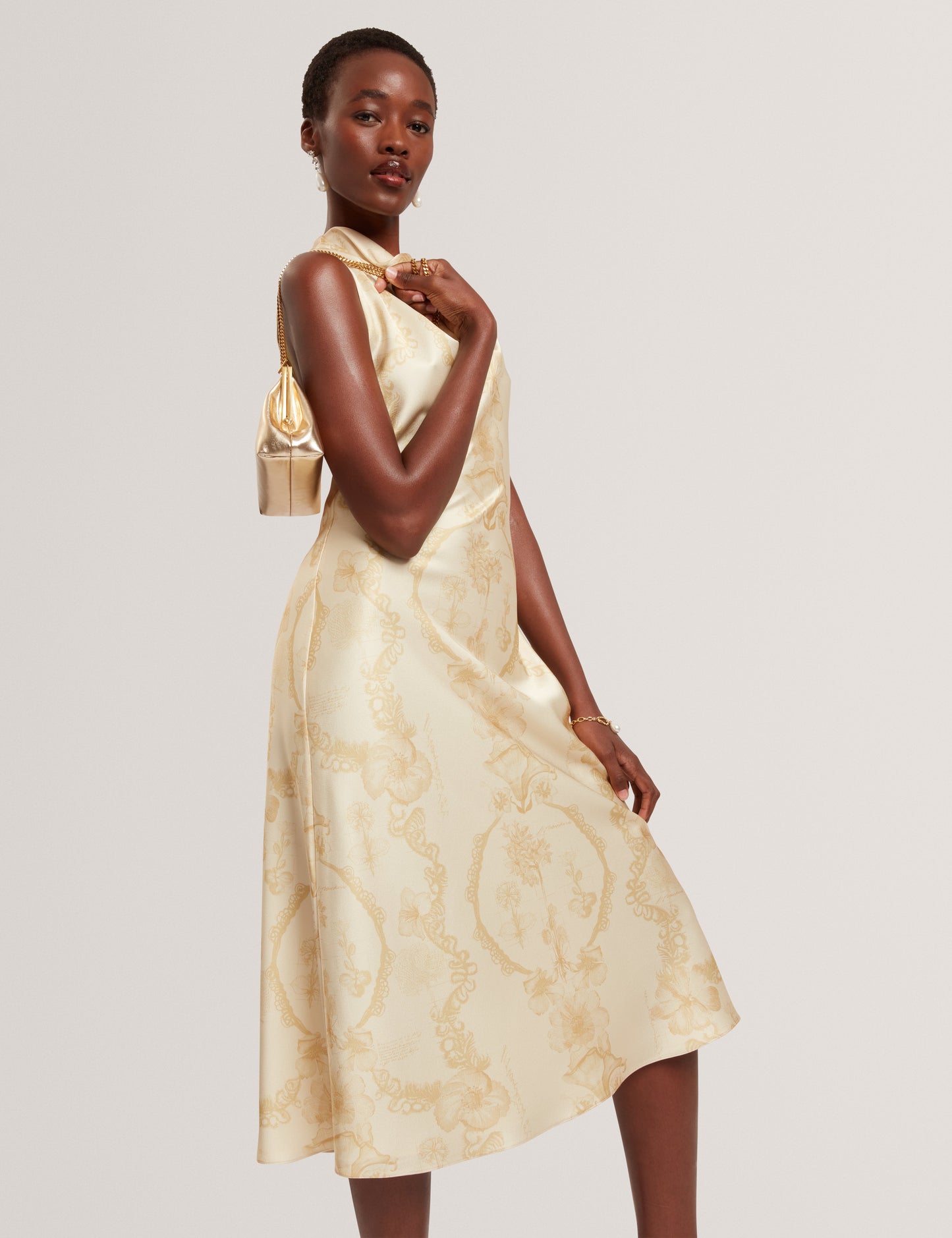 MELODA: Print Drape Neck Midi Dress