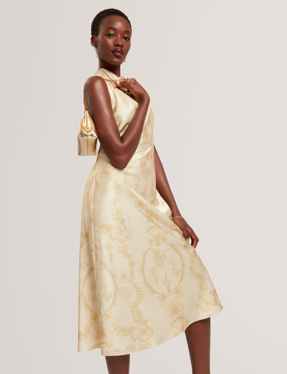 MELODA: Print Drape Neck Midi Dress
