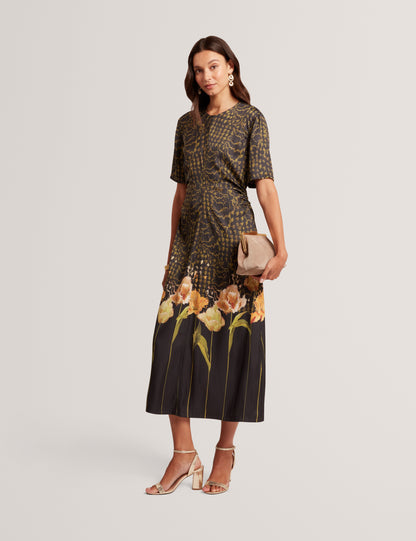 AEVAA: Printed Midi Dress With Waist Gathers
