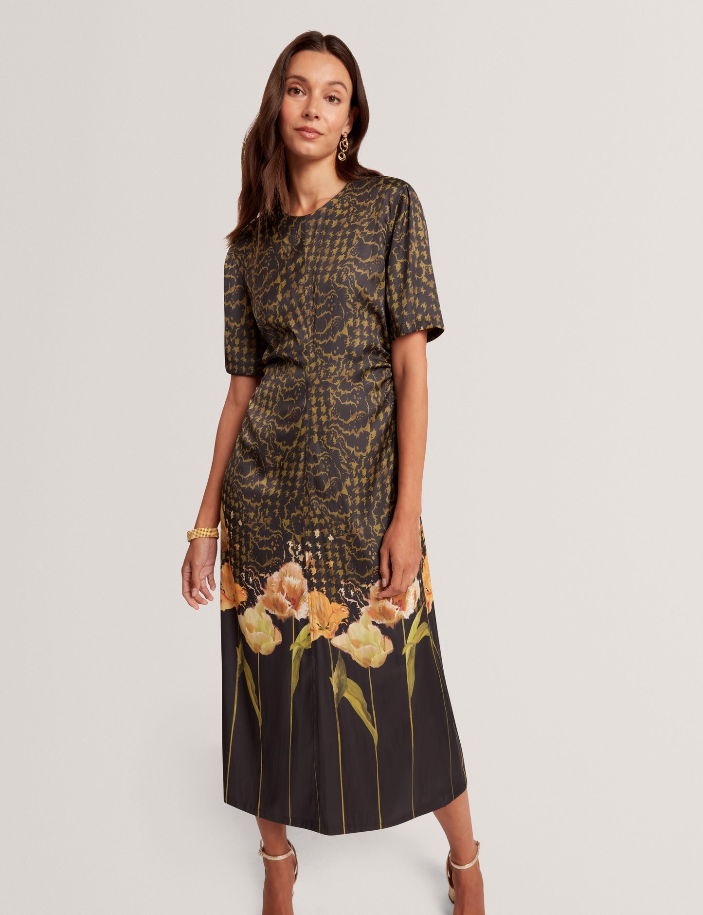 AEVAA: Printed Midi Dress With Waist Gathers