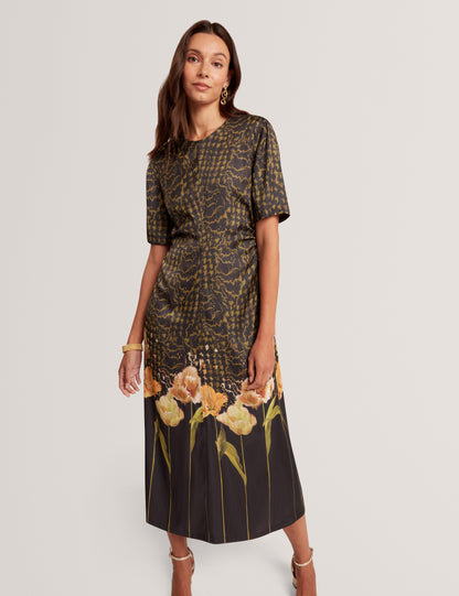 AEVAA: Printed Midi Dress With Waist Gathers