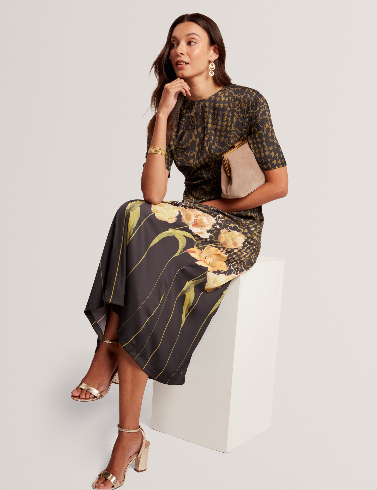 AEVAA: Printed Midi Dress With Waist Gathers