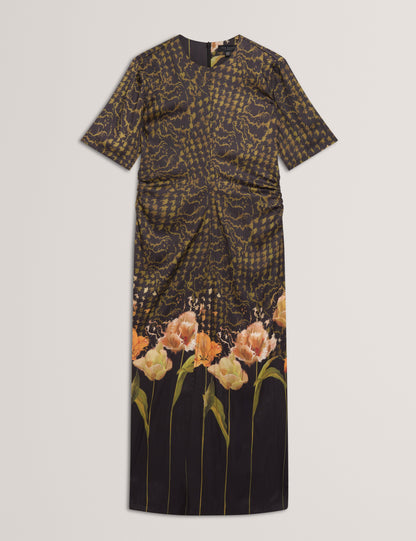 AEVAA: Printed Midi Dress With Waist Gathers