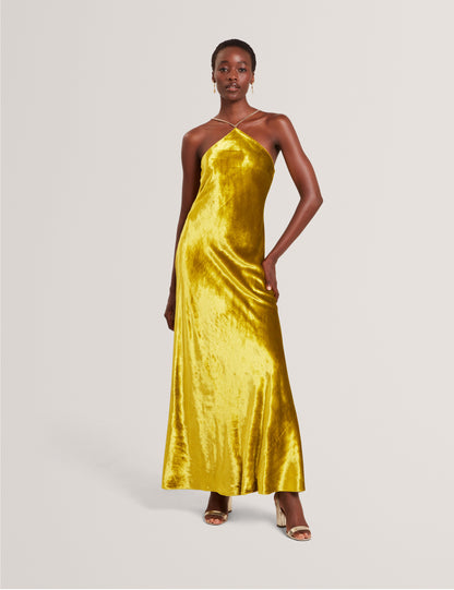 JORDYA: Velvet Halter Neck Maxi Dress