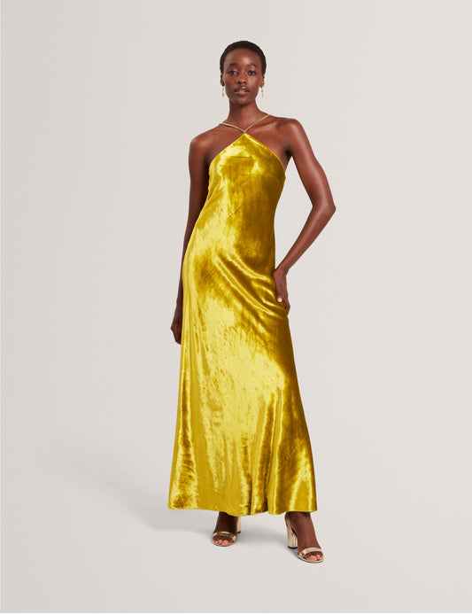 JORDYA: Velvet Halter Neck Maxi Dress
