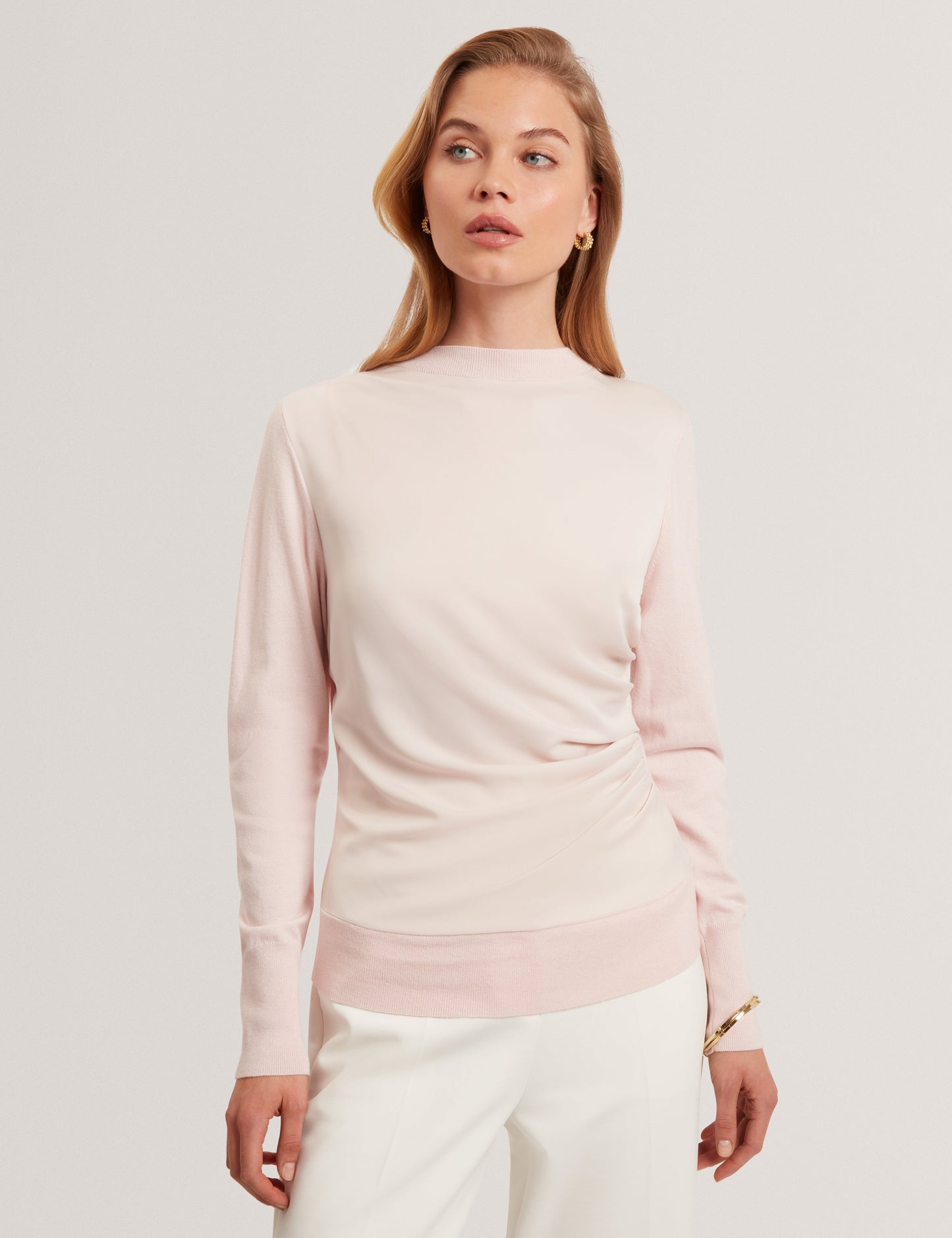 LESLAY: Draped Front Knitted Long Sleeve Top