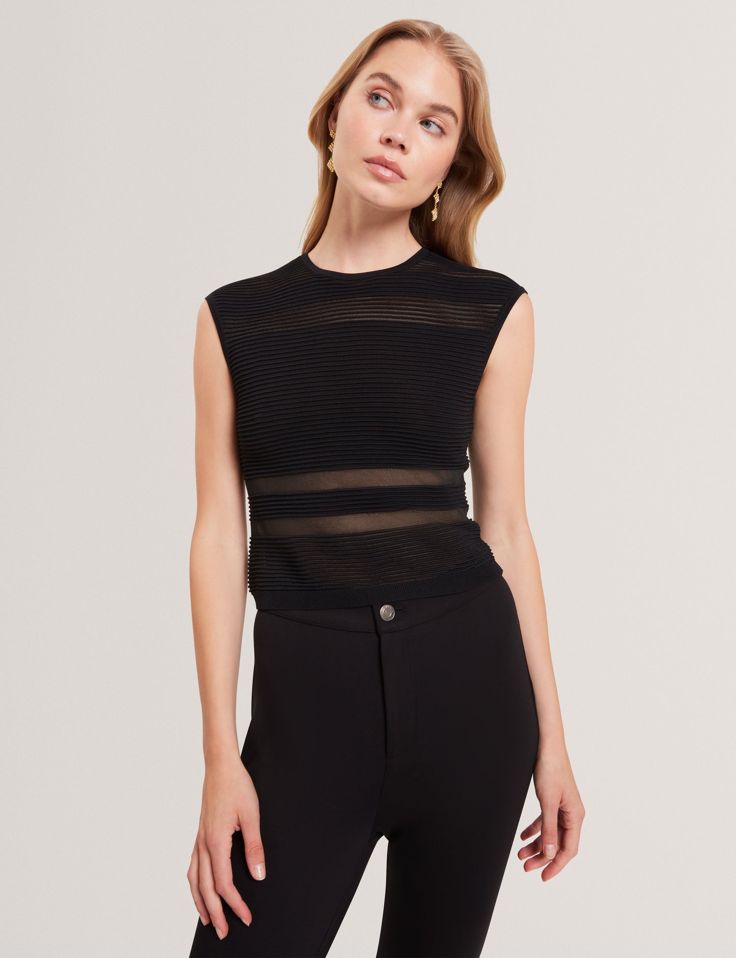 AMBERIA: Fitted Knit Top With Invisible Yarn Pane